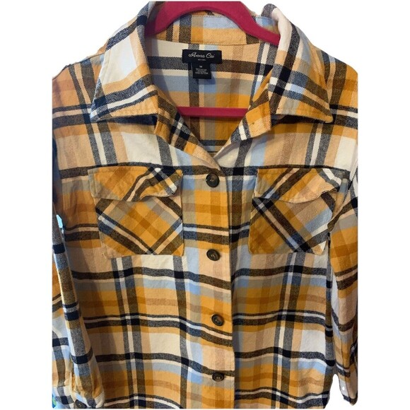 Women’s Boutique Flannel Shacket Yellow Blue Thick Pockets Button Up Jacket - Picture 4 of 5